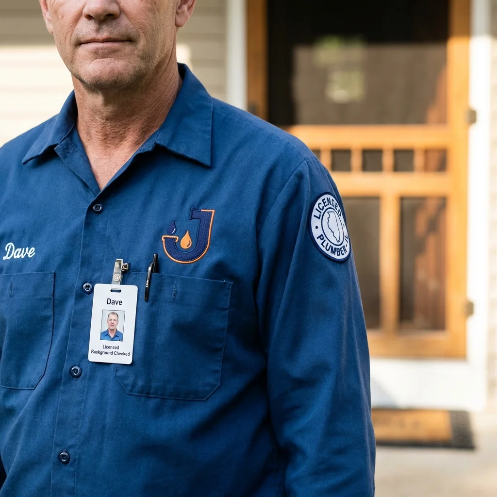 Licensed plumber showing ID badge in Vicksburg, MI