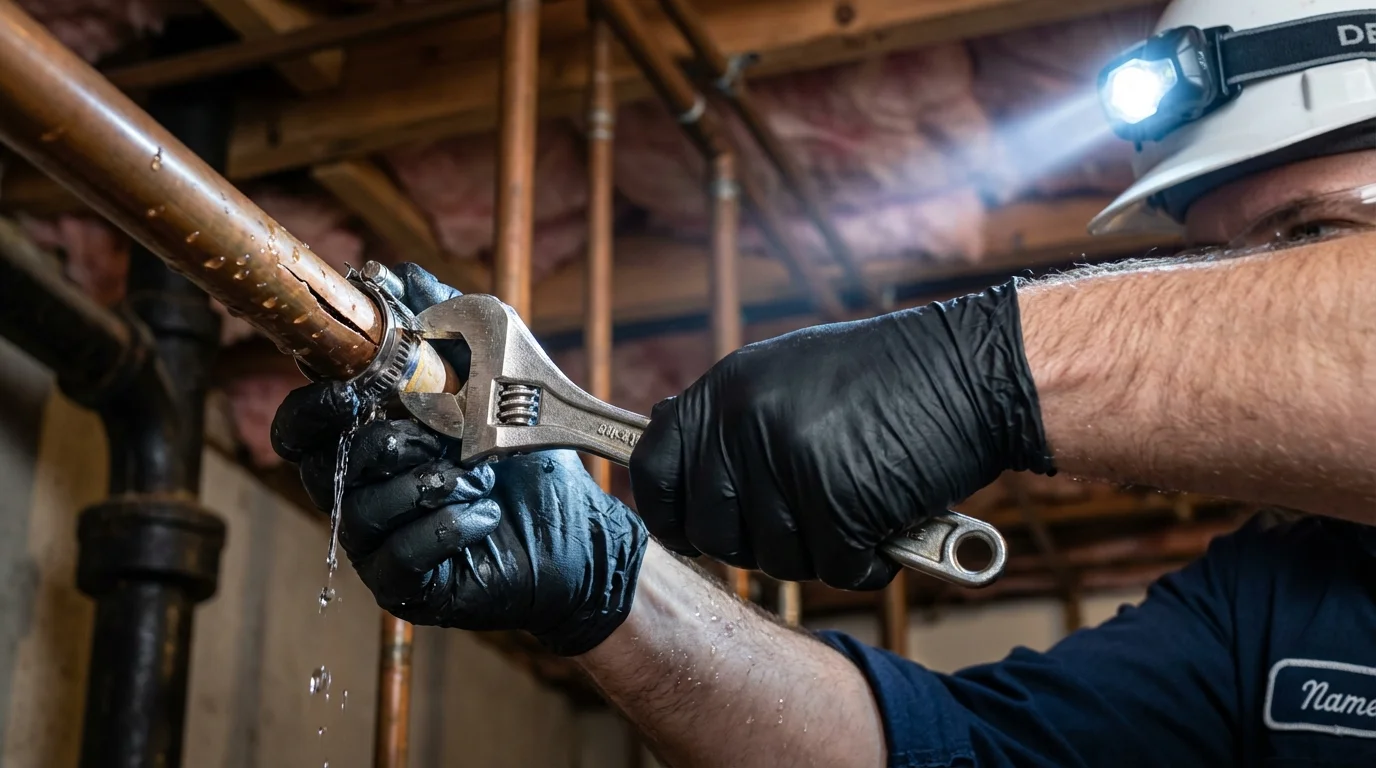 Emergency pipe clamp repair being performed by a Johns Plumbing LLC plumber in Vicksburg