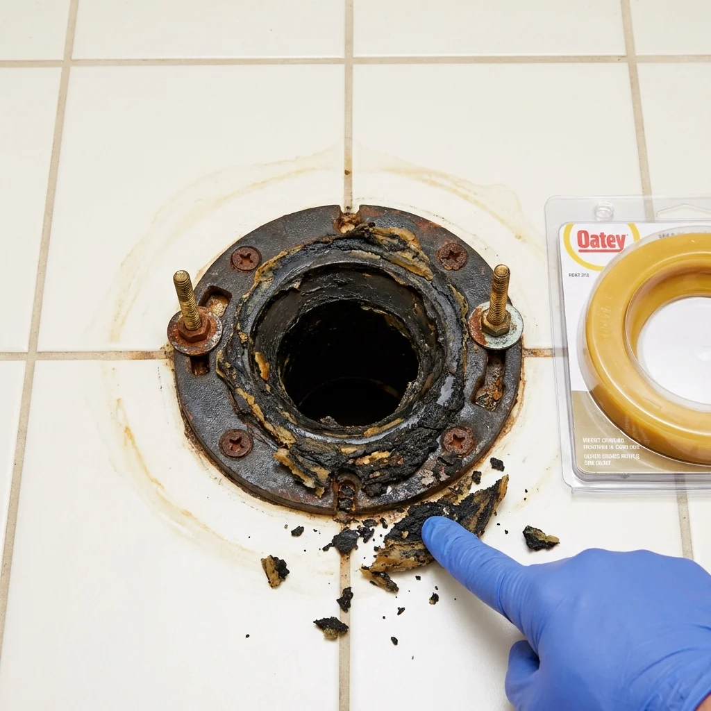 Failed wax ring showing water seepage at the base of a toilet in a Vicksburg, MI home