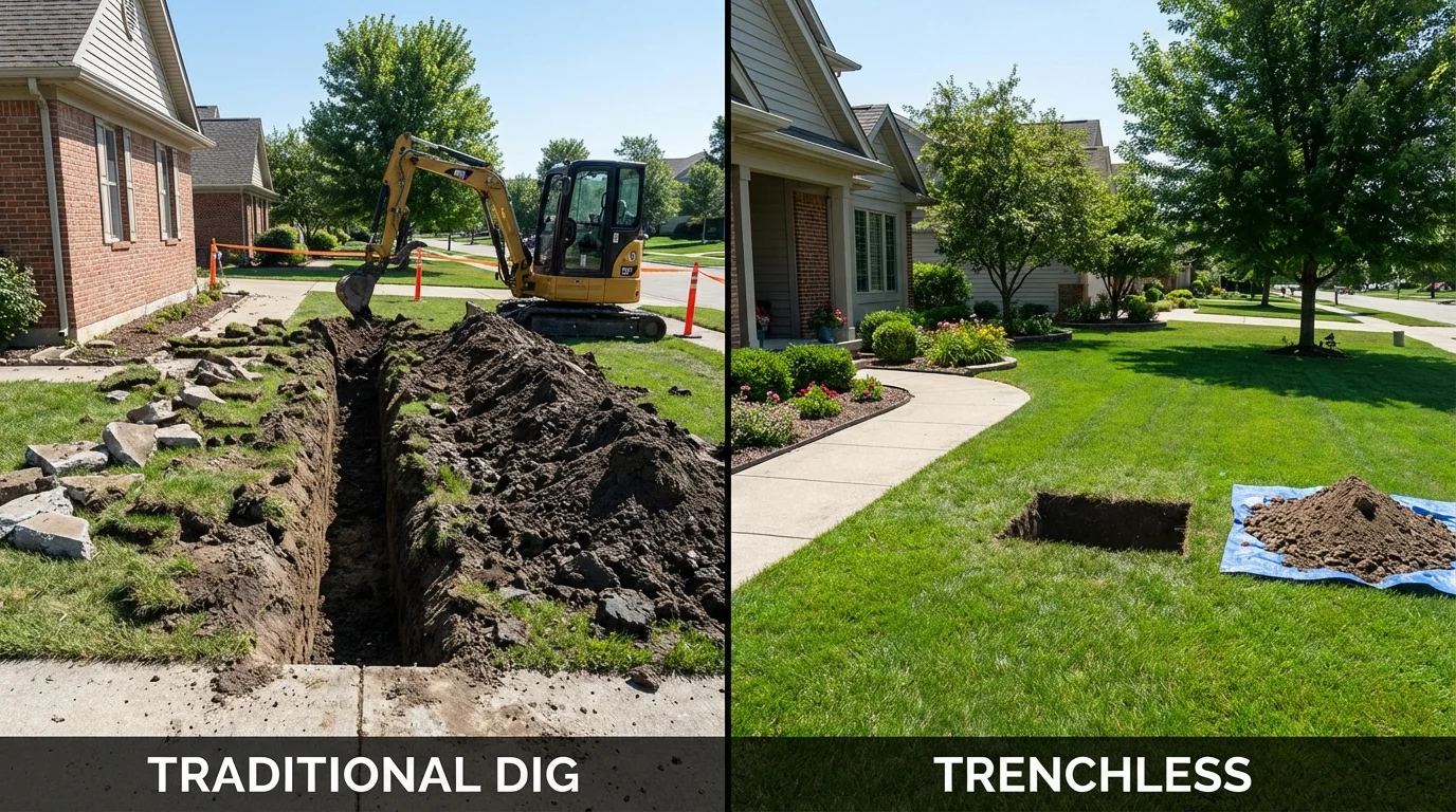 Trenchless sewer repair with minimal yard damage versus traditional excavation in Vicksburg, MI
