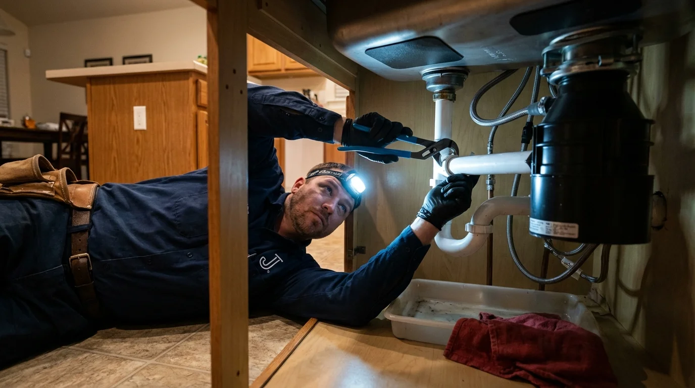 P-trap and supply line connections under a kitchen sink showing a common leak point in Vicksburg, MI